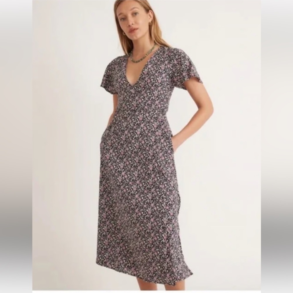 Marine Layer hemp emylyn Black Floral wrap Midi Dress pockets